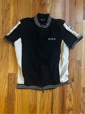 BCBG Black and White Short Sleeve Zip Track Top